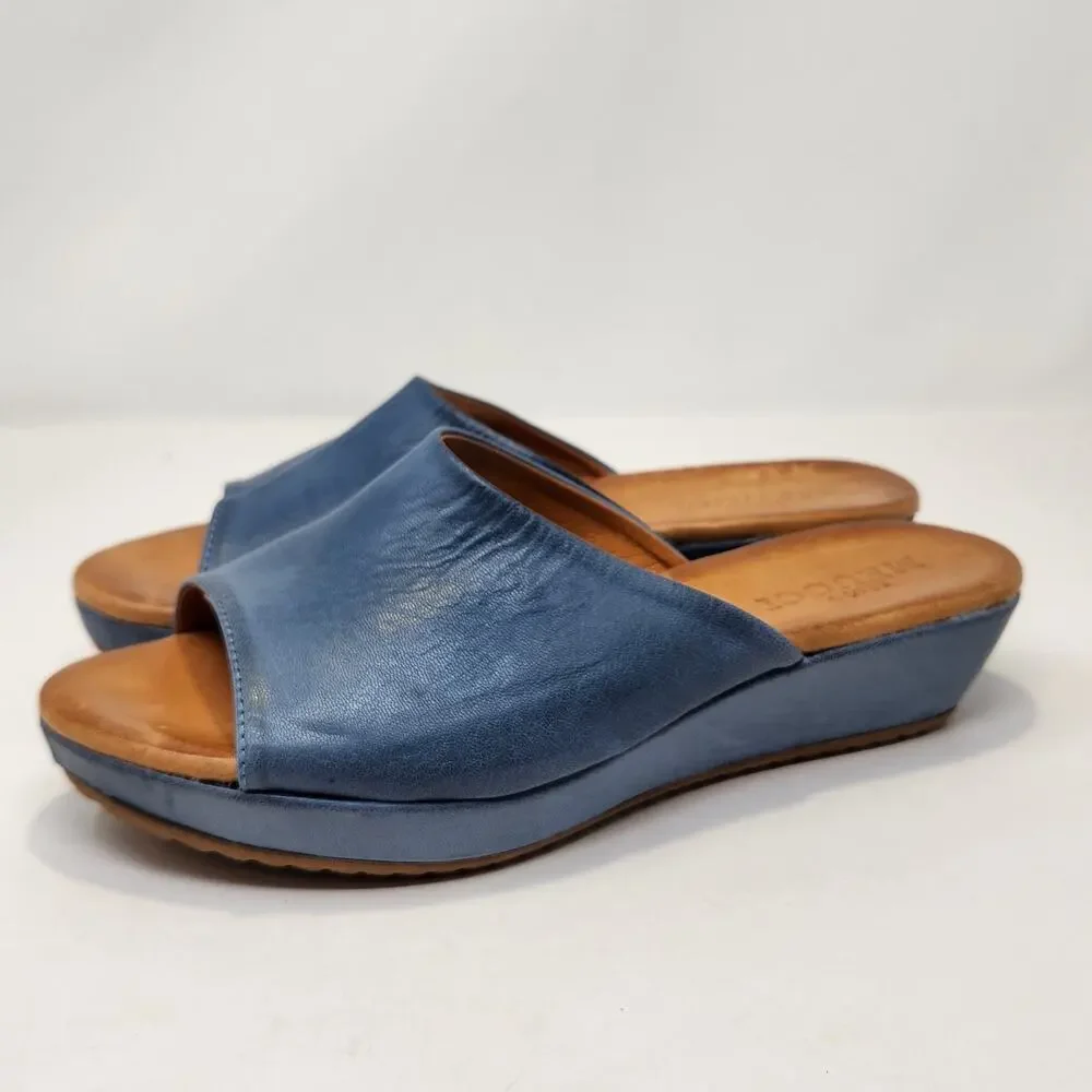 Sesto Meucci Blue Leather Wedge Slide Mule Sandal Women Size 9.5 M Open Toe